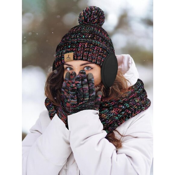 Women’s  Colorful Knit Beanie Hat, Gloves, Scarf & Ear Warmer Set - Winter - Picture 6 of 6